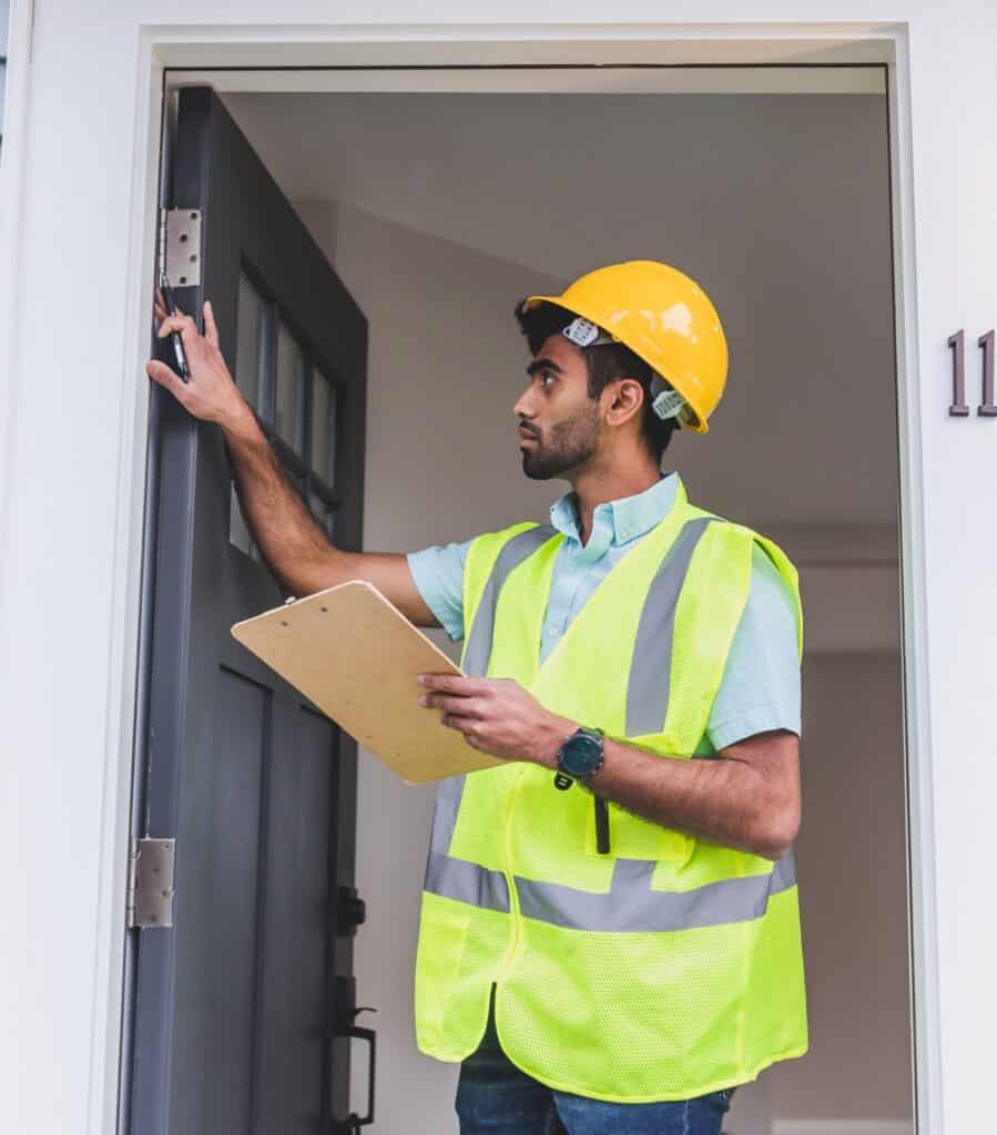 A home inspector in safety vest and hard hat checks doorframe alignment with clipboard outdoors.